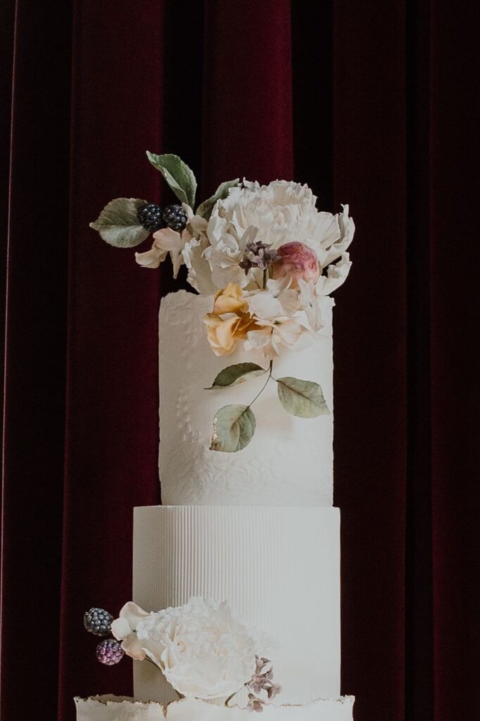 Charlottesville wedding cake with Sugar Flowers, made by Commonwealth Cake Company for Dover Hall wedding
