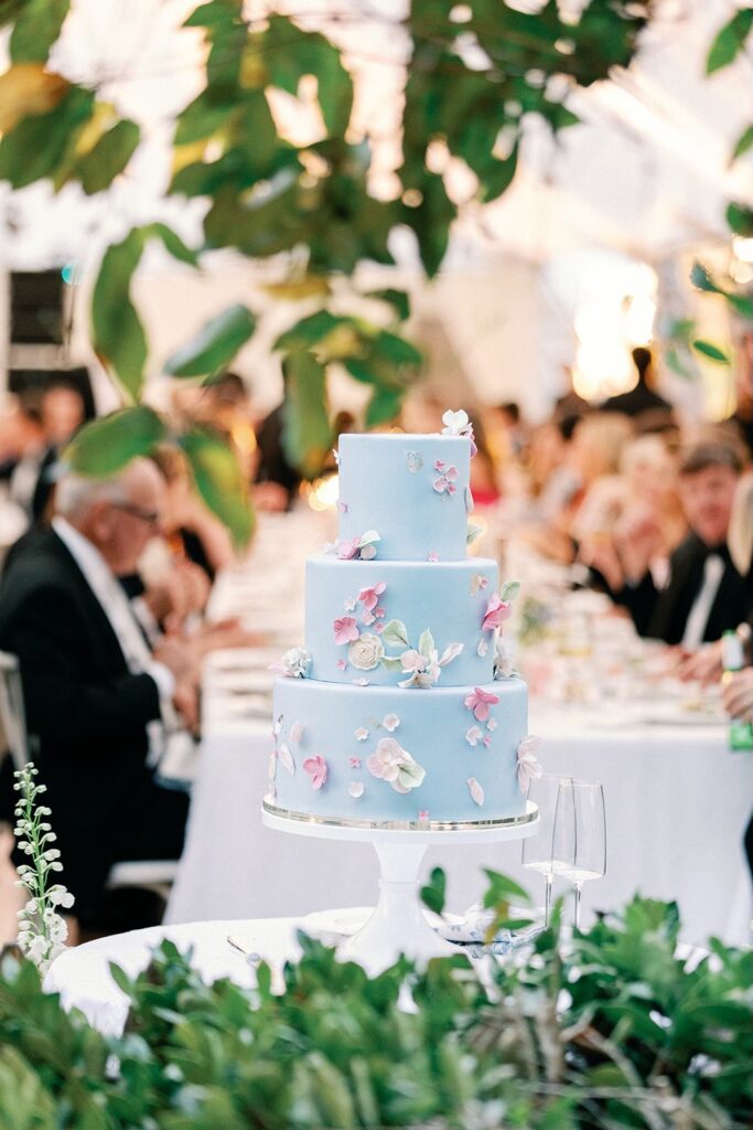 A modern garden inspired wedding cake with sugar florals at The Clifton, a Charlottesville wedding venue.